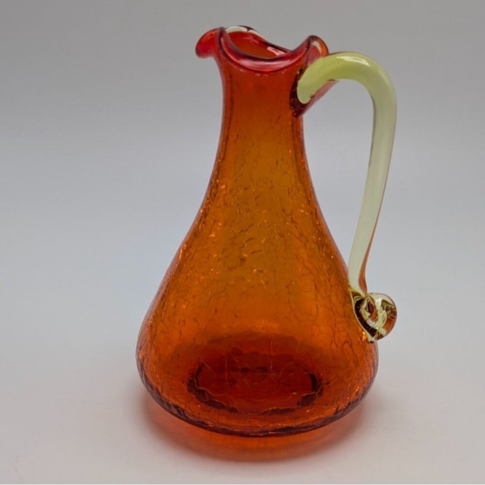 Pilgrim Glass Crackle Glass Pitcher Orange Yellow Handle Vintage Collectible
